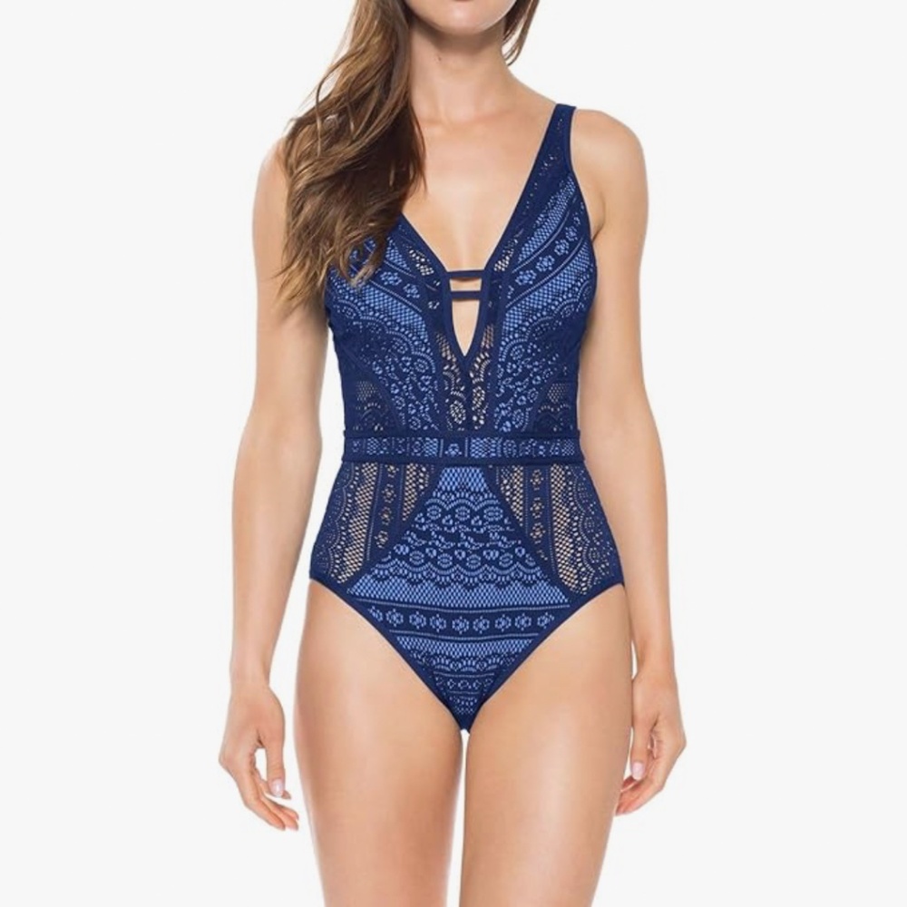 Becca by Rebecca Virtue Navy Lace One Piece Swimsuit Medium Plunge Open Back